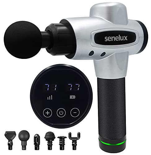 Senelux Massage Gun, Deep Tissue Massager, Portable Muscle Massage Gun for Back Neck Muscle Relieve, Quiet Brushless Motor 20 Variable Speeds Digital Display 6 Massage Heads