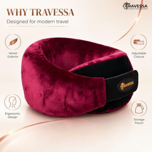 Image of TRAVESSA Memory Foam Neck Pillow | Travel Neck Pillow for Pain Relief | Ergonomic Airplane Neck Pillows | Adjustable & Washable Travel Pillow for Flight and Car with Free Travel Pouch | Soft Wine