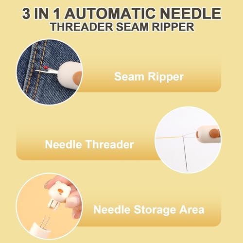 Automatic Needle Threaders Seam Ripper, Upgraded 3 in 1 Sewing Needle Threader Tool, Stretchable Quick Seam Rippers with Needle Storage for Hand Quilling, Embroidery Stitch Removal(Yellow) - Thumbnail 4
