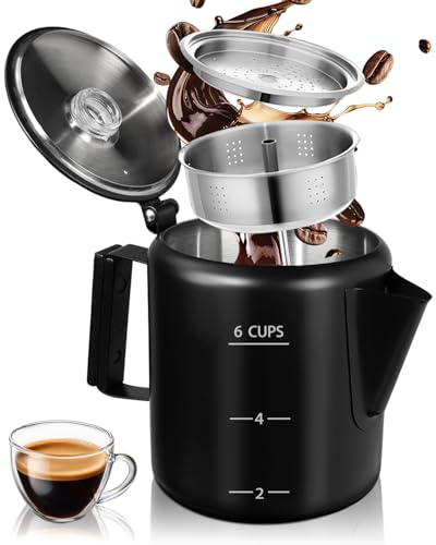 Image of Coffee Maker Coffee Percolator 304 Stainless Steel Pot Stovetop Easy Brewing Even Heating 6 Cup 33.8oz 1000ml Black Classic Design Heat Resistant Home Camping Outdoor