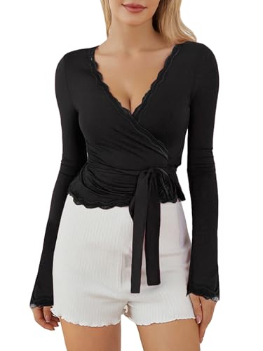 Haut cache-cœur à manches longues Y2K pour femme - Col en V à nouer - Coupe ajustée - Haut court basique pour Pilates, yoga, entraînement - Hauts, 01...