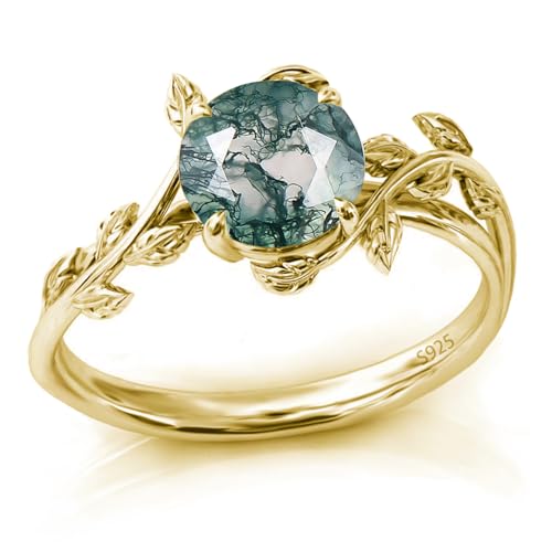 Natural Moss Agate Ring for Women 14K Gold Round Green Moss Agate Engagement Ring in Sterling Silver Wedding Promise Ring Jewelry Gift for Women,Ring Size 7