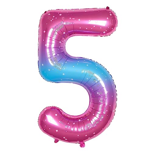 Ponmoo Foil Palloncini Numeri 5 Rosa-Blu Gradiente 40" (101cm), Gonfiabili Elio o Aria, Gigant Numero 0-9, 10-29, 30-100, Granda Palloncino per Anniversario, Decorazione Feste di Compleanno