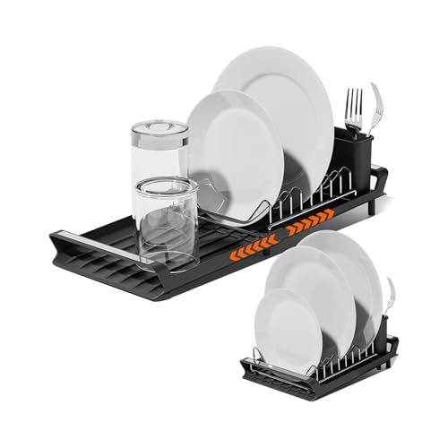 Avilia - Scolapiatti da Appoggio Estensibile Nero con 8 Alloggi per Piatti, Scolaposate Integrato, Perfetto per Lavello e Lavandino, Facile da Pulire e Salvaspazio