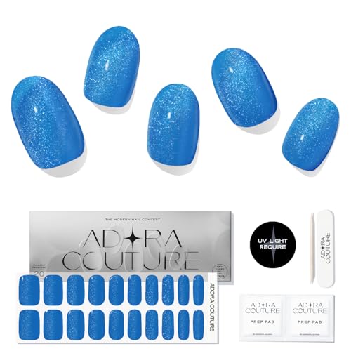 ADORA COUTURE Semi Cured Strips Kit | 20pcs Gel Stickers with Light Required | Cate-Eye Blue Sapphire Glossy Wrap | Stickers for Manicure with Light Required (Velvet Sapphire)