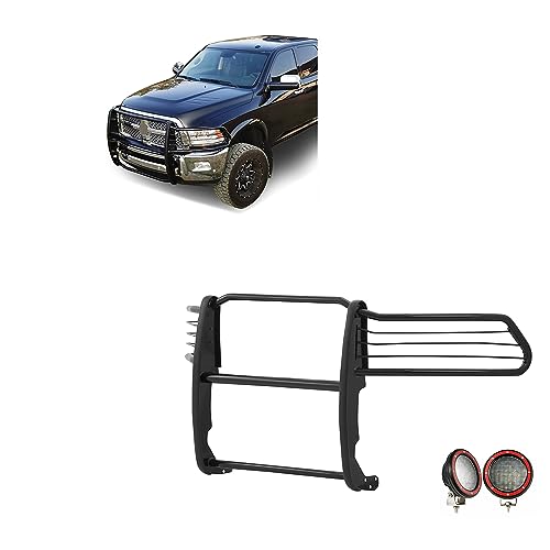 Image of Black Horse Grille brush Bumper Guard Modular Black Come With Pair of 5.3 inch Dia.LED Lights with Red Trim Rings Compatible with 2010-2018 Ram 2500|2011-2018 Ram 3500-17DR01MA-PLFR