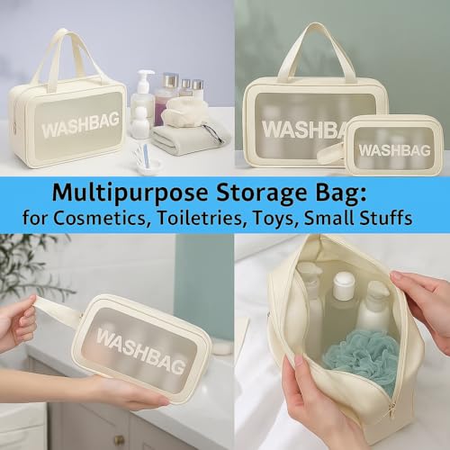 Image of Gritty Wash Bag Pouch for Travel Kit Toiletry Bag Cosmetic Bag Make Up Box for Brushes, Accessories with Handle, Large Capacity Waterproof Travel Storage Organizer Set of 3(Beige)