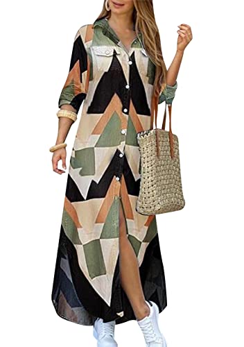 Image of YMING Women's Long Sleeve Button Down Shirt Dress Spring Casual Maxi Dresses Loose Fit Blouse Dress with Pockets