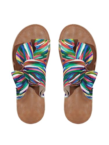 GORGLITTER Women's Rainbow Bow Tie Flat Beach Sandals 2025 Vacation