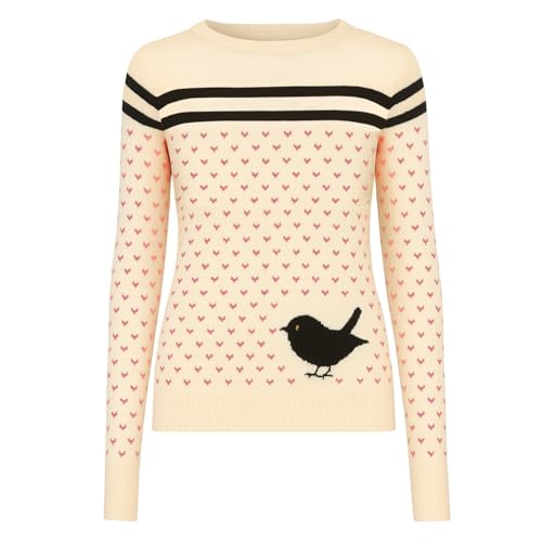 Women's Knit Long Sleeve T-Shirts, 1960s Mod Style Retro Bird and Heart Pattern Crewneck Casual Knitted Tops