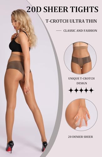 Image of MERYLURE 20D Sheer Black Tights for Women, T-Crotch Ultra Thin Pantyhose High Waist Stockings Reinforced Toes 2 Pairs