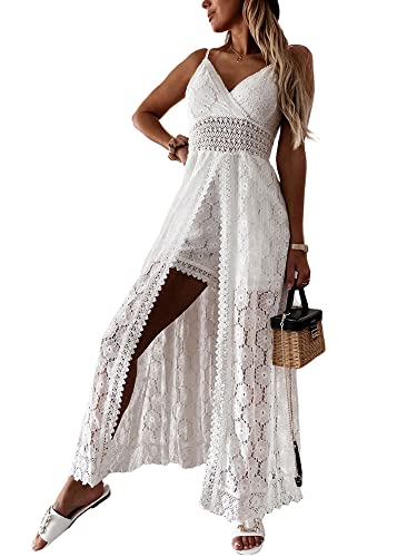 Dubute Mujeres sin mangas profundo cuello en V ahuecado floral dividido mameluco maxi vestido de encaje traje de verano, beige, S