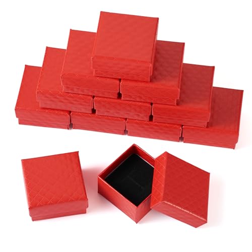 Cheriswelry 12 Packs Finger Ring Package Boxes Small Jewellery Ring Gift Boxes Rhombus Textured Gift Boxes for Presents Ring Packaging, Red