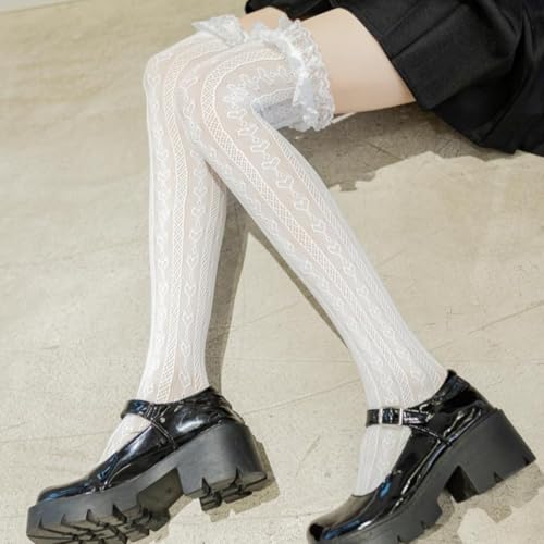 Lolita Lace Knee High Socks for Women Heart Patterned Stockings With Bowknot for Cosplay4