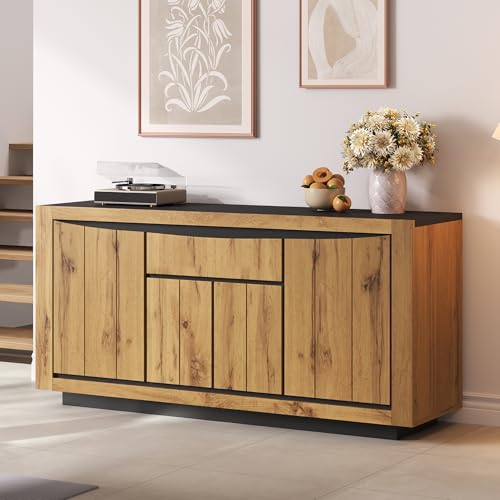 DUlVBPE 140 x 38,5 x 52 cm, aparador con 4 puertas, 1 cajón, armario de comedor, armarios anchos sin mango, versátil, color madera + negro