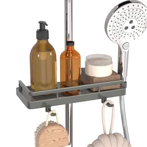 GOOPOOL Mensola Doccia Senza Foratura Portasapone Doccia, Supporto per Accessori da Bagno con 2 Ganci 1 Supporto per Doccia, Adatto per Aste da Doccia 18mm-25mm Grigio