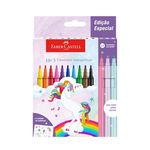 Canetinha Hidrográfica Unicórnio, Faber-Castell, 555410, 10 cores básicas + 3 cores com glitter