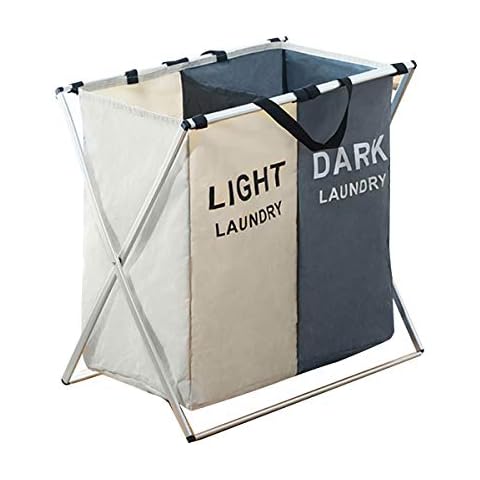 Wäsche Korb Kleidung Sorter Korb WäSchekorb Faltbar GroßE 2 FäCher Wäsche Tasche mit Aluminium Rahmen Cover