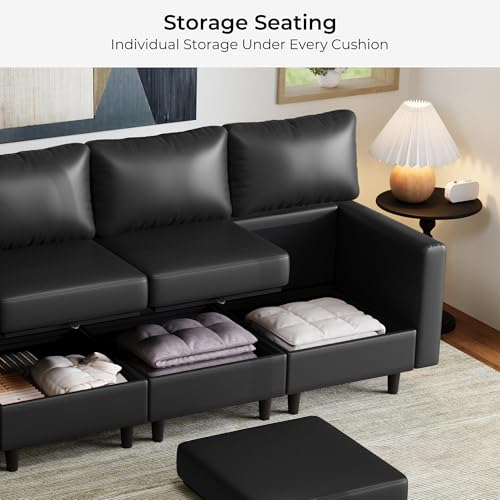Image of ABCASA Faux Leather Modular Sectional Sofa with Storage Seat, 118.5 inch 4 Seater Couch Deep Seat with Removable Cover Black