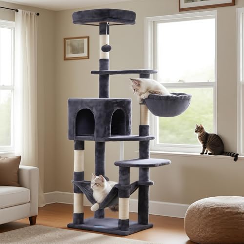Hey-brother Cat Tree with Large Hammock, Multi-Level Cat Tower for Indoor Cats, Cat Condo with Sisal-Covered Scratching Posts and Top Perch, Smoky Gray MPJ050G