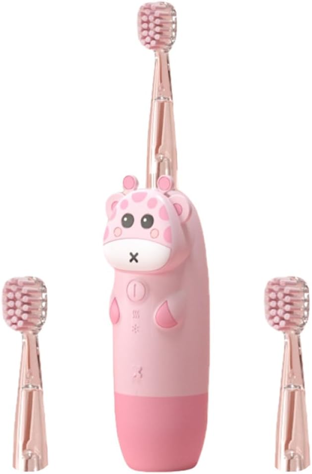 Electric Toothbrush Set 4pcs with 2 Soft Brush Heads, Sonic Vibrating Tooth Brush, Pink Deer Design, USB Rechargeable, Pediatric Oral Care