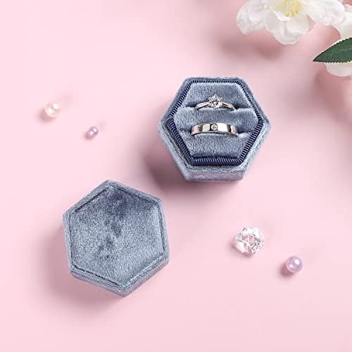Etercycle Wedding Ring Box, Hexagon Double Ring Bearer Box with Detachable Lid, Vintage Jewellery Case Velvet Ring Gift Box for Engagement Proposal Birthday Ceremony (Haze Blue)