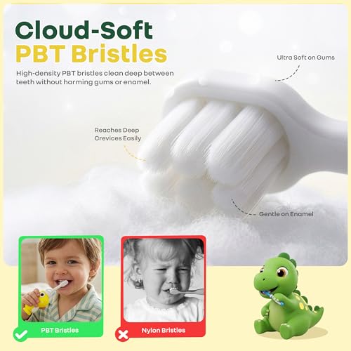 Image of R for Rabbit Tiny Smiles Dino Kids Toothbrush with Tongue Cleaner for Toddlers & Babies 2+ Years | Extra Ultra Soft PBT Bristles, Gentle on Gums | Cute 3D Dinosaur Easy Grip Handle | BPA Free (Yellow)