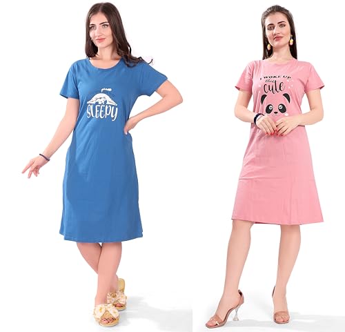 Image of Printed Knee Length Pocket Night Dresses for Women | Cat Lover | Premium Soft Cotton Nighty | Blue and Maroon