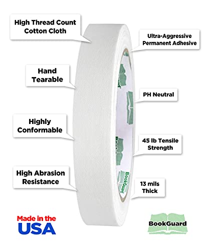 BookGuard 0.75 inch Premium Bookbinding Repair Cloth Tape, 15 Yard Roll, White