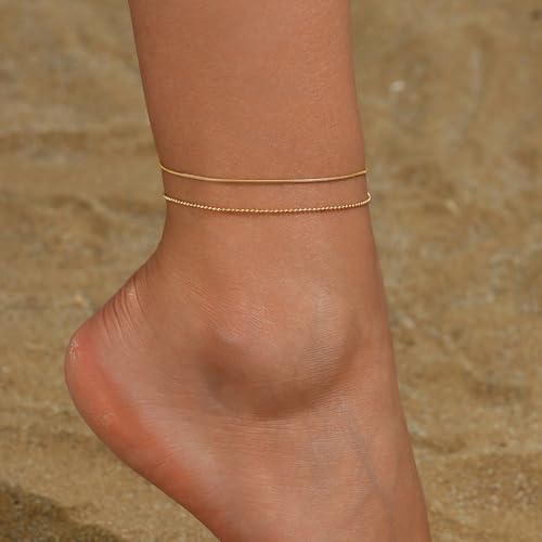 Image of Anklets for Women Dainty CZ Ankle Bracelet 18K Gold Plated Waterproof Boho Dot Star Moon Daisy Ocean Beaded Anklet Trendy Foot Jewelry