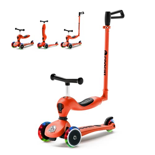Cooghi Toddler Scooter, 3-In-1 Kids Scooter With Flashing Wheels, Adjustable Parent Push Bar & Seat & Handlebar, 3 Wheel Scooter For Kids Ages 1-5, Red #TOP1
