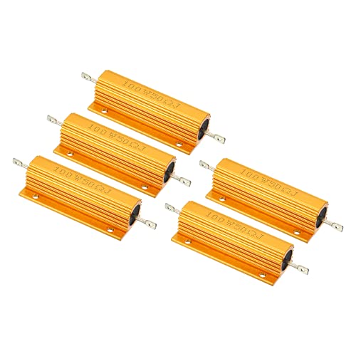 Image of PATIKIL 100W 50 Ohm Aluminum Shell Resistor, 5 Pack Aluminum Housing Resistor Housed Case Wirewound Resistors Screw Tap Power Resistor, Golden