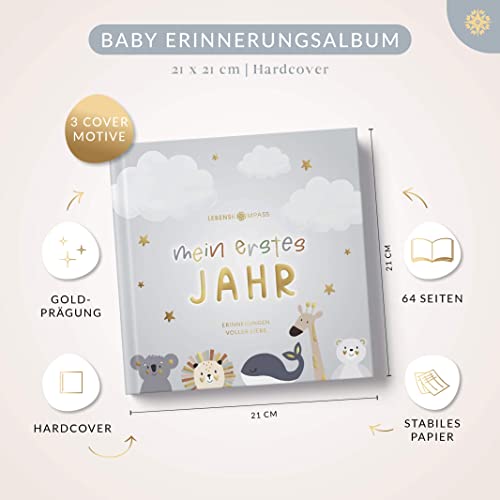 Lebenskompass Babyalbum Mein erstes Jahr Air mit über 75 Stickern & Spruchkarte EXTRA - Ein Baby Buch zum Eintragen - Das Babytagebuch & Erinnerungsbuch für Mädchen & Jungen