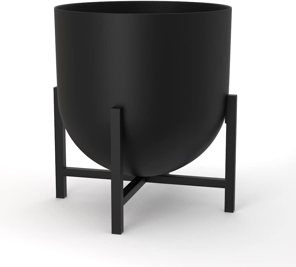 Plant Pot with Plant Stand - Metal Plant Pots Indoor Planter Large Flower Pot (Black, 22cm)