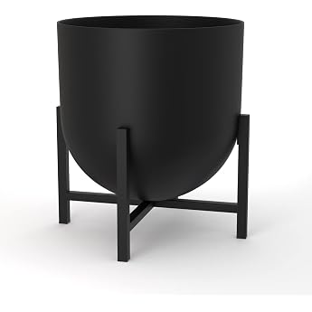 Olly & Rose Flower Pot with Plant Stand - Metal Plant Pots Indoor 22cm Large Flower Pot Black