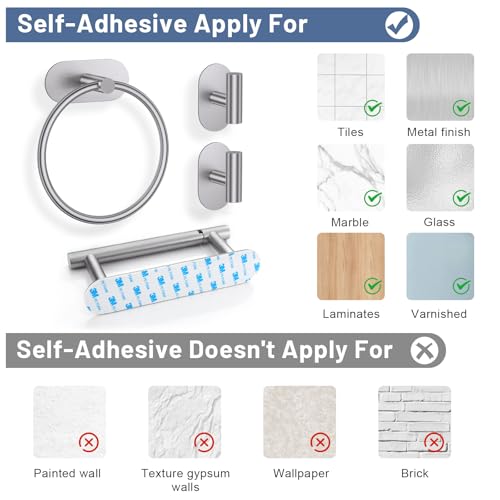 Self Adhesive Brushed Nickel Toilet Paper Holder Towel Holder for Bathroom Wall, No Drilling Bathroom Hardware Set, SUS304 Stainless Steel Towel Ring Hand Towel Holder for Bathroom, Kitchen by soaez - Image 6