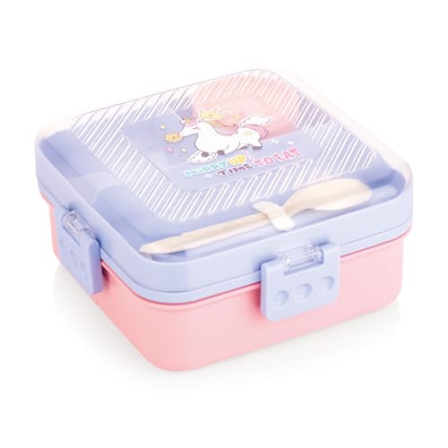 ATTRO My Lunch 2 Layer Plastic Lunch Box Comes with Fun Unicorn Print, 1 Detachable Tray, 1 Small Container & 1 Spoon Ideal for Kids BPA Free 1590ml+70ml- Lilac