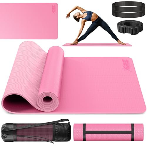 RE:SPORT Tapete de ioga sem ftalatos, antiderrapante, sem substâncias nocivas, com correia de transporte, sem ftalatos, 183 x 61 x 0,6 cm (rosa/rosa)