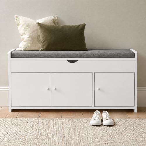 Image of PREMTURE 100cm Entryway Shoe Bench with Cushioned Seat, White & Grey