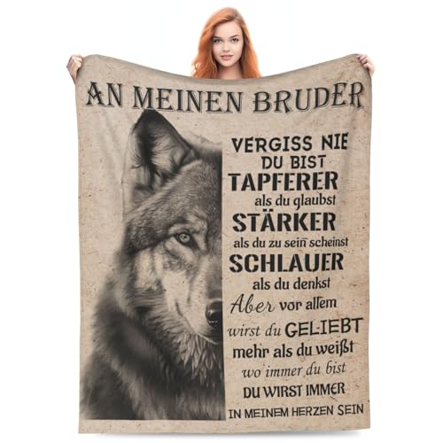 ECOSHOW Bruder Geschenk Decke with Motiv Wolf Bruder - Geschwister Geschenk Ideen Bruder Geburtstag Kuscheldecke Bester Bruder, Weiche Wolldecke 150x200 cm