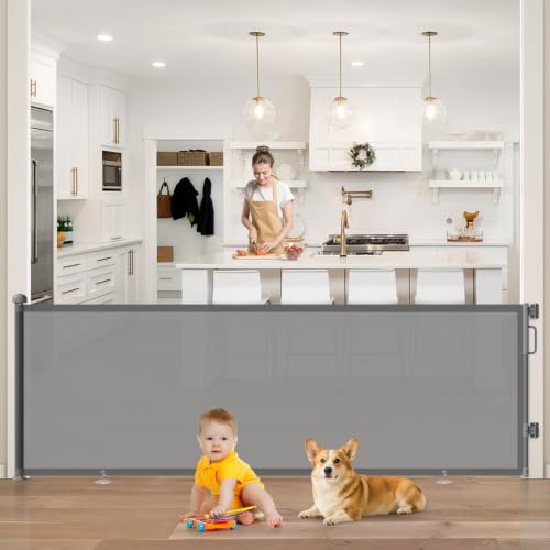 Image of 96 inch Retractable Baby Gate, Long Mesh Dog Gate for Garage Deck Porch | Strong Suction Disc Prevent Crawling Under, 34 inch Tall Child Safety Gate for Large Openings, Indoor Outdoor Use, Gray