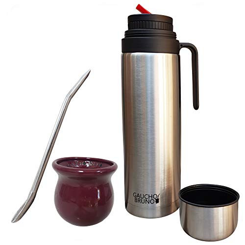 Guacho Bruno Mate de forma tradicional con bombilla y termo- re usable y fácil de lavar - para viajes y el hogar