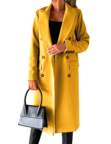 IDEALSANXUN Wool Coats for Women Trench Pea Coat 2023 Fall Fashion Outfits Double Breasted Blazer Warm Dress Long Ladies Coat Jacket, Yellow, M
