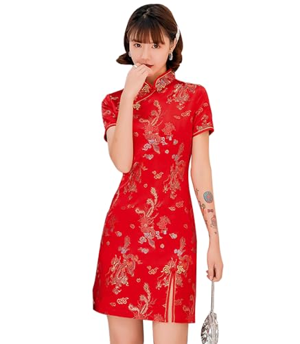 ZNLFS Vestido Cheongsam para mujer, entallado, cuello mandarín, manga corta, corte entallado, abertura lateral, estampado floral, dragón, mini Qipao, Dragón rojo, 38