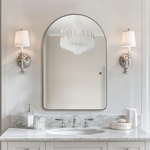 Image of ANDY STAR Arched Mirror, 24 x 36 Inch Brushed Nickel Bathroom Mirror with Stainless Steel Metal Frame, Arch Top Rounded Corner 1 Inch Deep Set Design Wall Mount Hangs Vertical