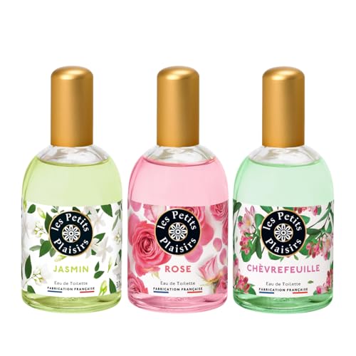 Les Petits Plaisirs - Lot de 3 - Eau de toilette Jasmin, Rose & Chèvrefeuille. Eau de toilette femme, Florales & Printanières, Coffret cadeau. Made in France. 110ml