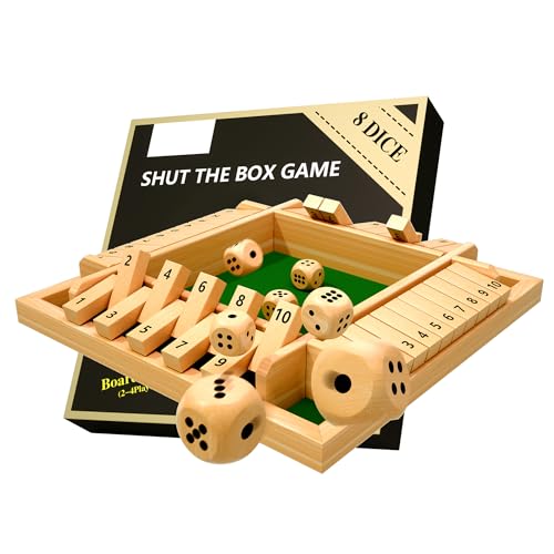 DEUXYU Shut The Box 4 Spieler, Holz Würfelspiel mit 8 Würfel, Traditional Würfelspiel für Erwachsene und Kinder, Familienspiele, Unterhaltsames Spiel, Tisch Würfelspiel Spielzeug