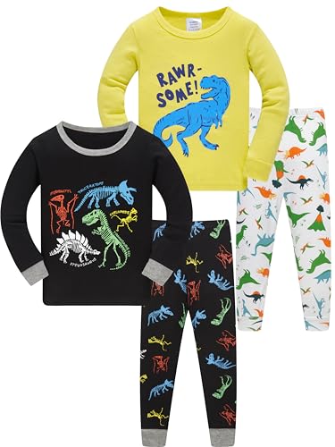 LOLPIP Jungen Pyjamas 4-Pc Set Kleinkind Kleidung 100% Baumwolle Nachtwäsche Dinosaurier Gedruckt Nachtwäsche Langarm 6 Jahre