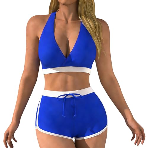 Traje de baño de Dos Piezas de Moda con Parte Superior de Bikini y Braguita de Cintura Alta para Playa y Piscina. (Blue, XL)