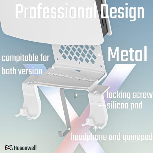 PS5 Wall Mount Bracket Shelf Set, Hosanwell Playstation 5 Wall Mount Made of Concrete Steel Metal with Detachable Controller Holder & Headphone Hanger, Easy Install with Accessories, White
